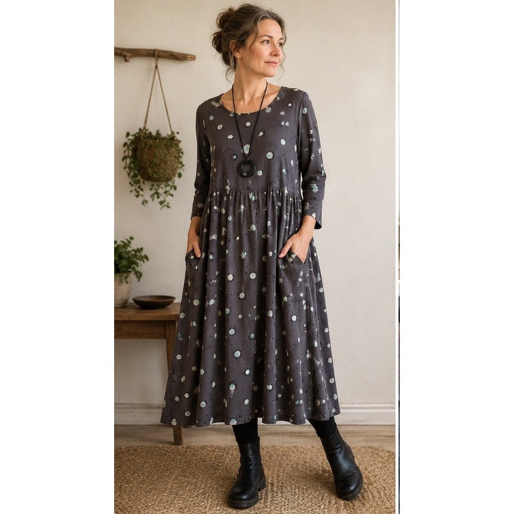 Charcoal Dot-Print Midi Dress with Pockets